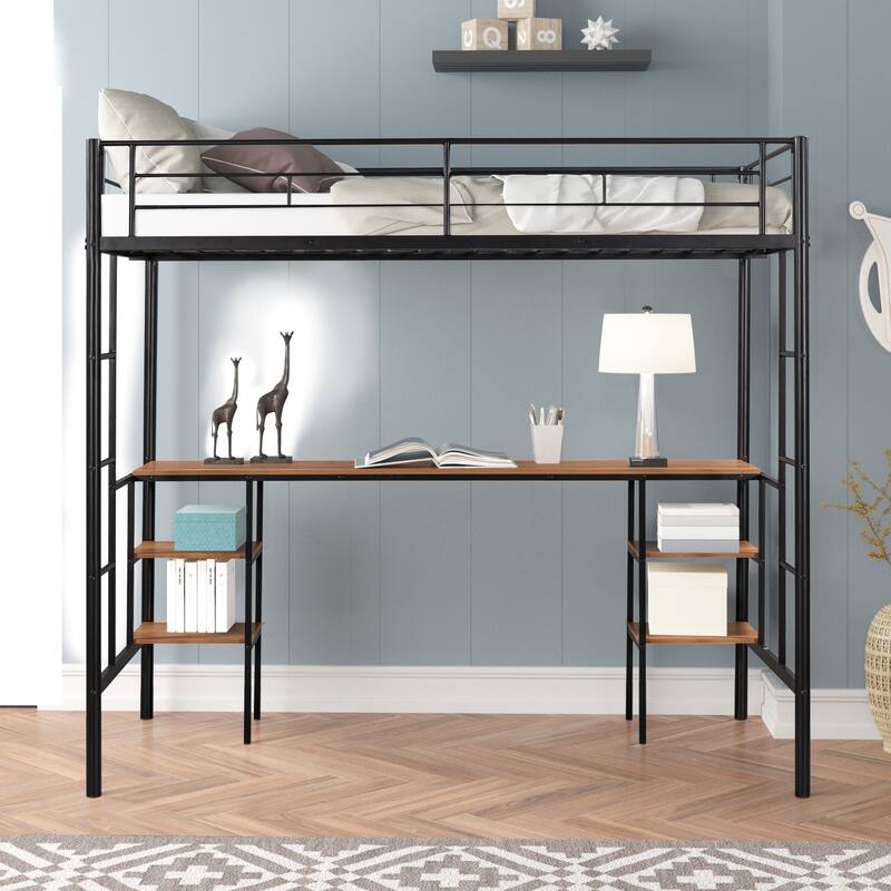 Twin Size Metal Loft Bed with Built-in Desk & Shelves, Heavy-duty Metal Bedframe with Guardrails, Twin High Loft Bed for Kids