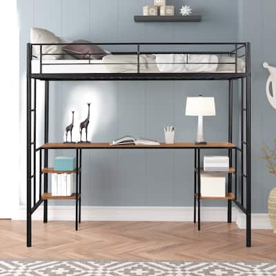 Metal Loft Bed with Wood Desk and Shelves