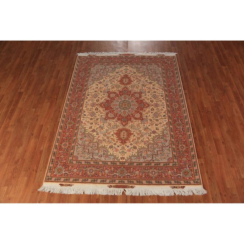 Geometric Tabriz Oriental Rug Handmade Wool Carpet - 5'1" x 6'11"