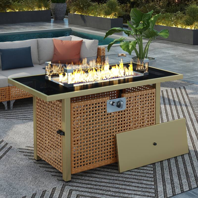 43" 60000 BTU Propane Wicker Gas Fire Pit Table w/ Glass Wind Guard