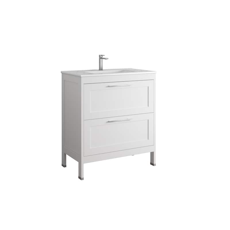 HomeRoots 32" White Wood Freestanding Bathroom Vanity With White Sink And Two Drawers - 32.00 in. x 35.06 in. x 17.75 in.