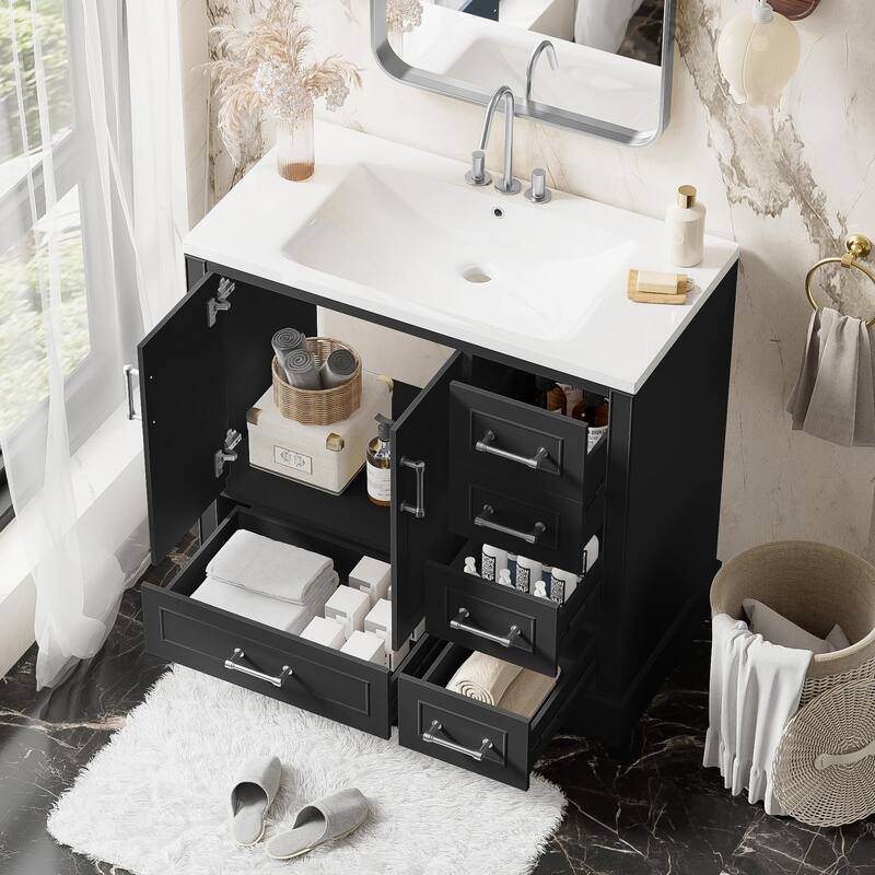 36-inch Traditional Bathroom Vanity with Resin Sink Combo Set, Black Bathroom Cabinet with Two Doors and Four Drawers，Black