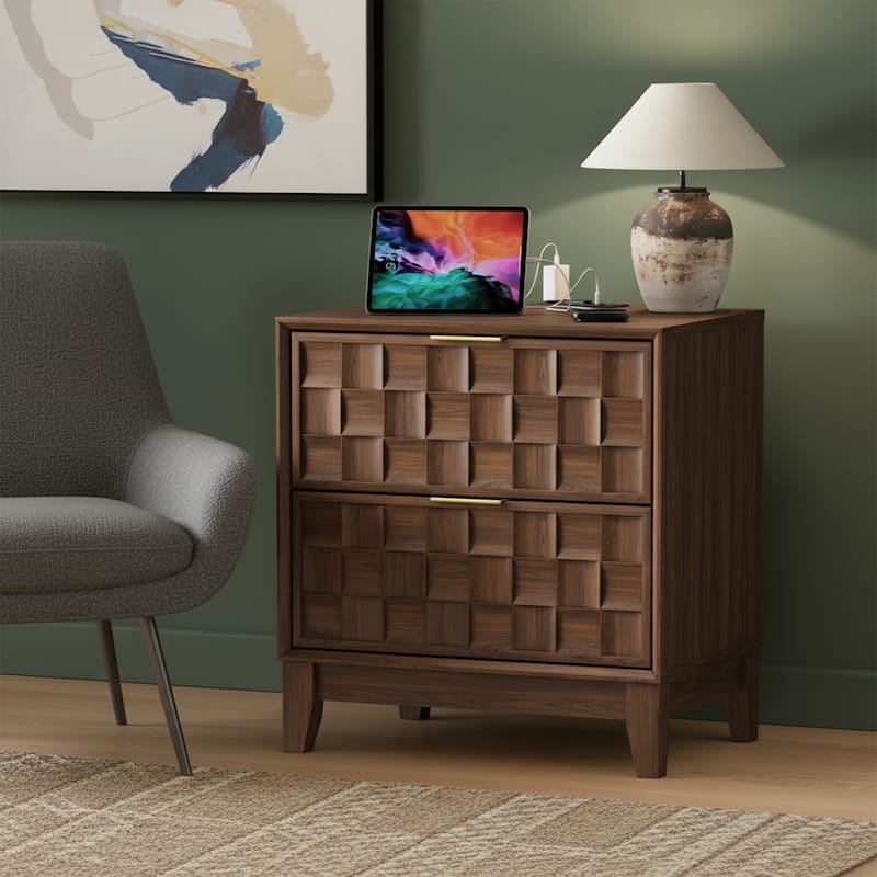 22" Modern Nightstand with Charging Station & 2 Drawers - Compact Bedroom Side Table​