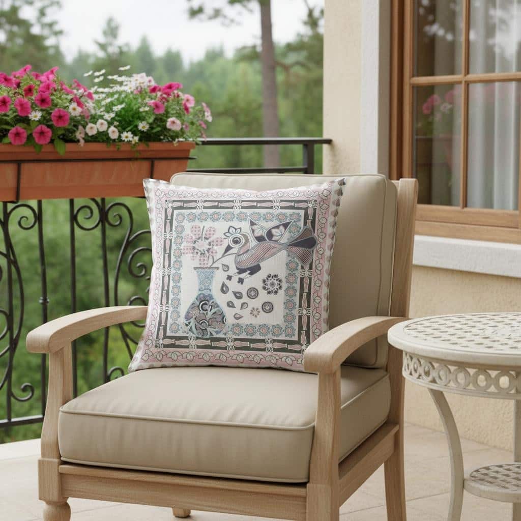 HomeRoots 20" x 20" Pink and Grey Bird Blown Seam Floral Indoor Outdoor Throw Pillow - 20.00' X '5.00' X '20.00