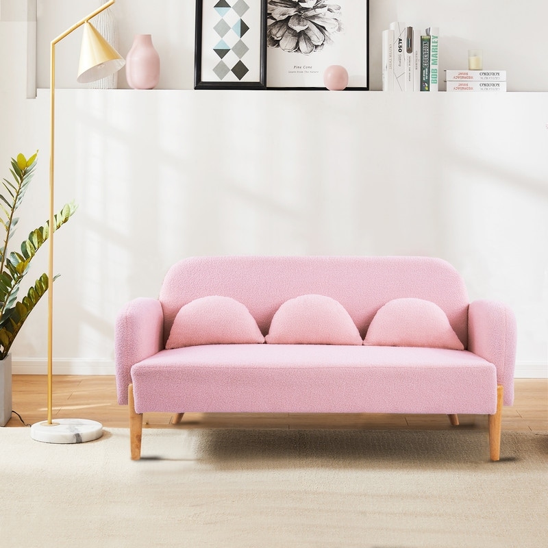 59.1 inch square arm teddy velvet pink sofa with three lumbar pillows