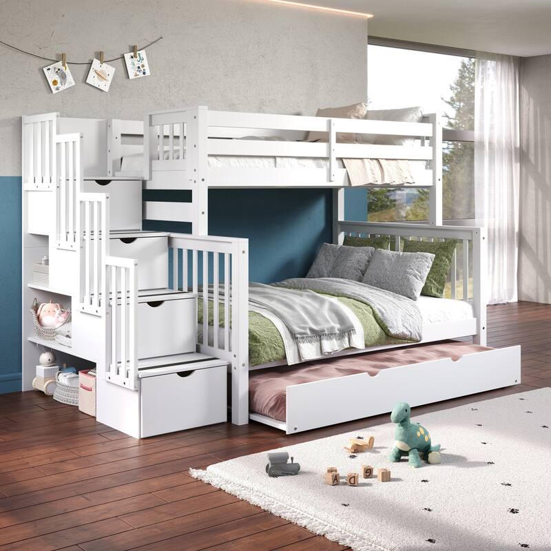Taylor & Olive Trillium Twin over Full Stairway Bunk Bed, Twin Trundle - White