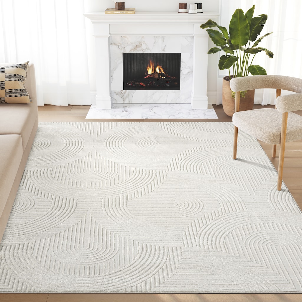 Abani Neutral NTL160A Cream Tone-on-Tone Semi-Circle Lines Area Rug