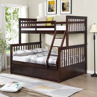 Dark Brown Twin over Full Size Solid Wood Stairway Bunk Bed with Ladder and Fence for Bedroom