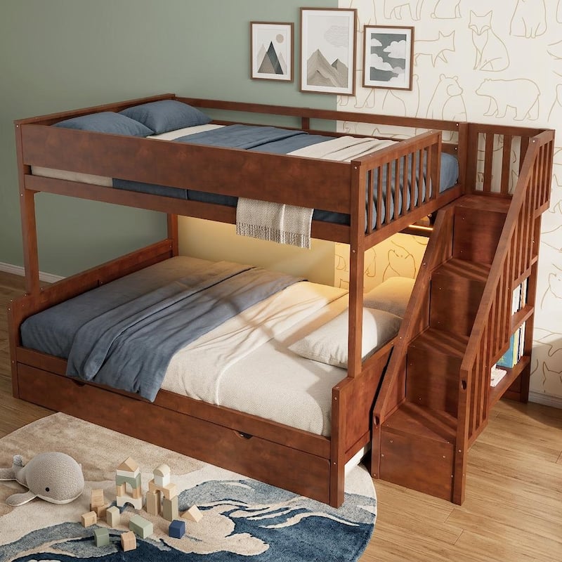 Full XL Over Queen Bunk Bed with Staircase Storage, Underbed Trundle, Open Shelf & LED Light by Harper&Bright Designs