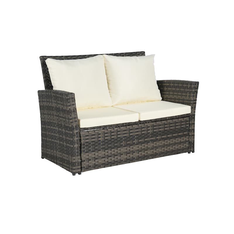 4-Piece PE Rattan Patio Furniture Set with Cushions and Tempered Glass Coffee Table, Outdoor Wicker Chairs and Loveseat