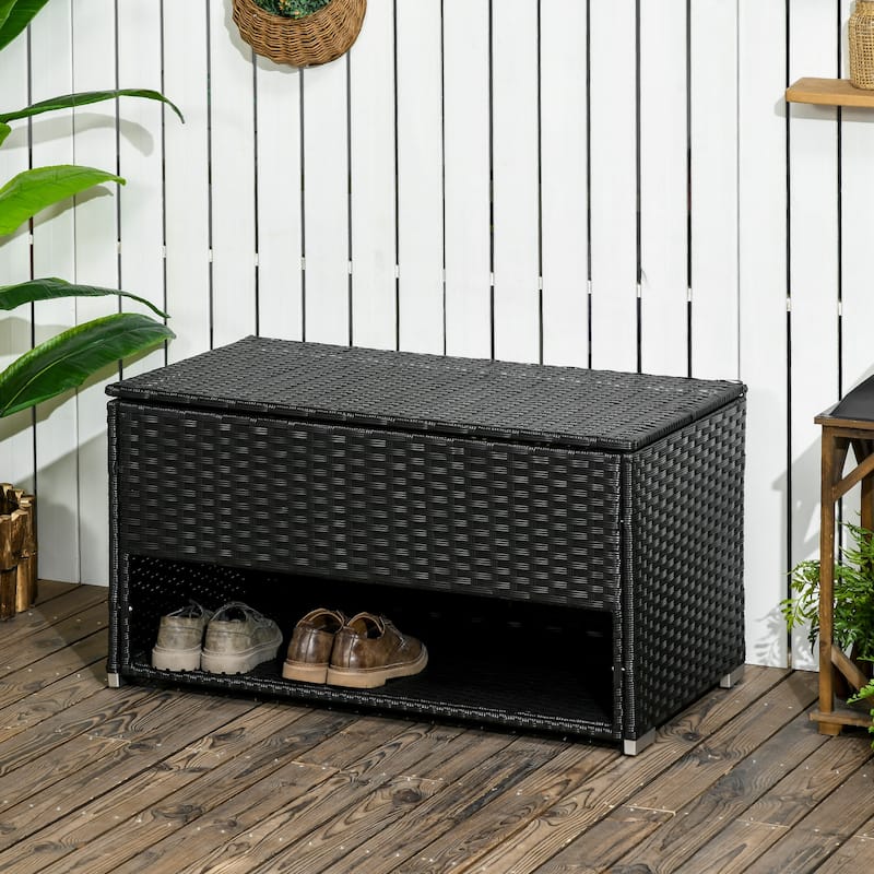Brown Tropical Rattan Storage Deck Box with Hydraulic Lid, Under Shelf and Wheels for Patio Poolside - Black