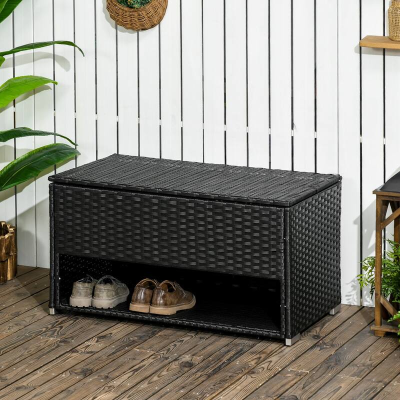 Pool Deck Storage Box Multipurpose Storage Box Rattan Deck Box with Liner and Spring-Assisted Lift for Indoor Outdoor Garden