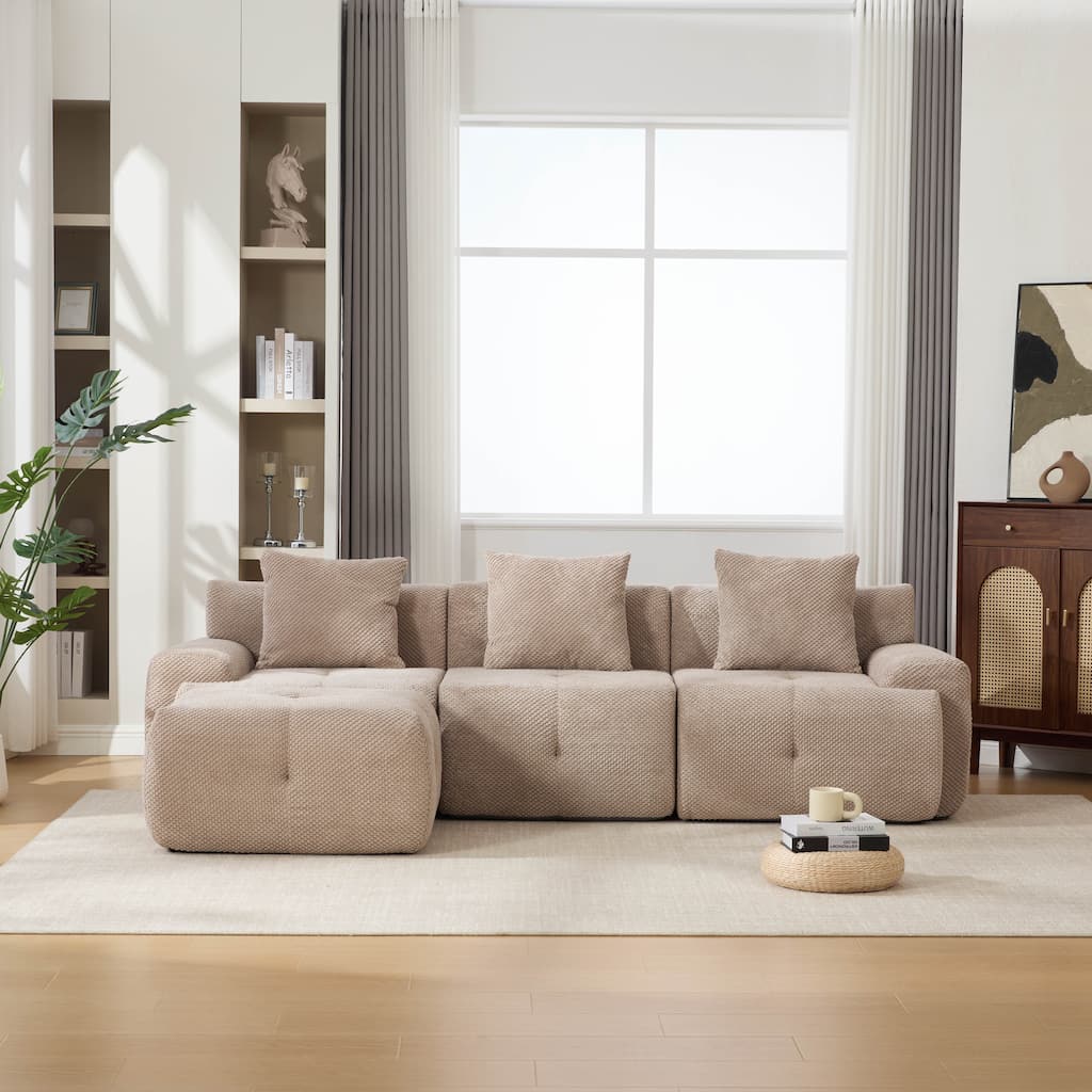 104"W Modern Upholstered Sectional Sofa with 3 Pillows and Ottoman