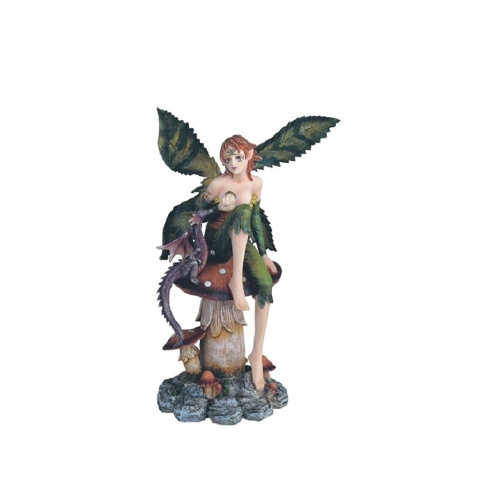 Q-Max 9"H Green Fairy with Purple Baby Dragon Sitting on Mushroom Statue Fantasy Decoration Figurine