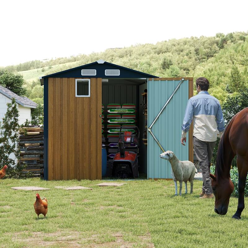 6x8FT Outdoor Steel Storage Shed with Clear Window, Lockable Doors, Compact Metal Tool Shed for Garden