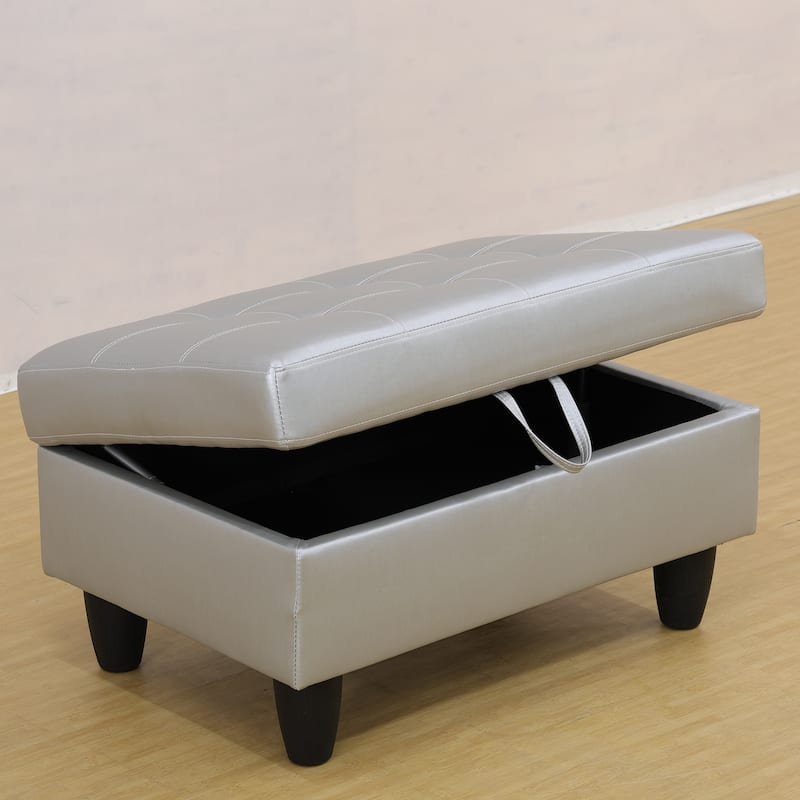 Modern Silver White Faux Leather Storage Ottoman Foot Rest