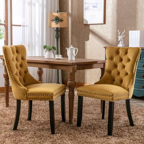 CTEX Set of 2, Velvet Tufted Upholstered Dining Chair with Solid Wood Legs and Nailhead Trim