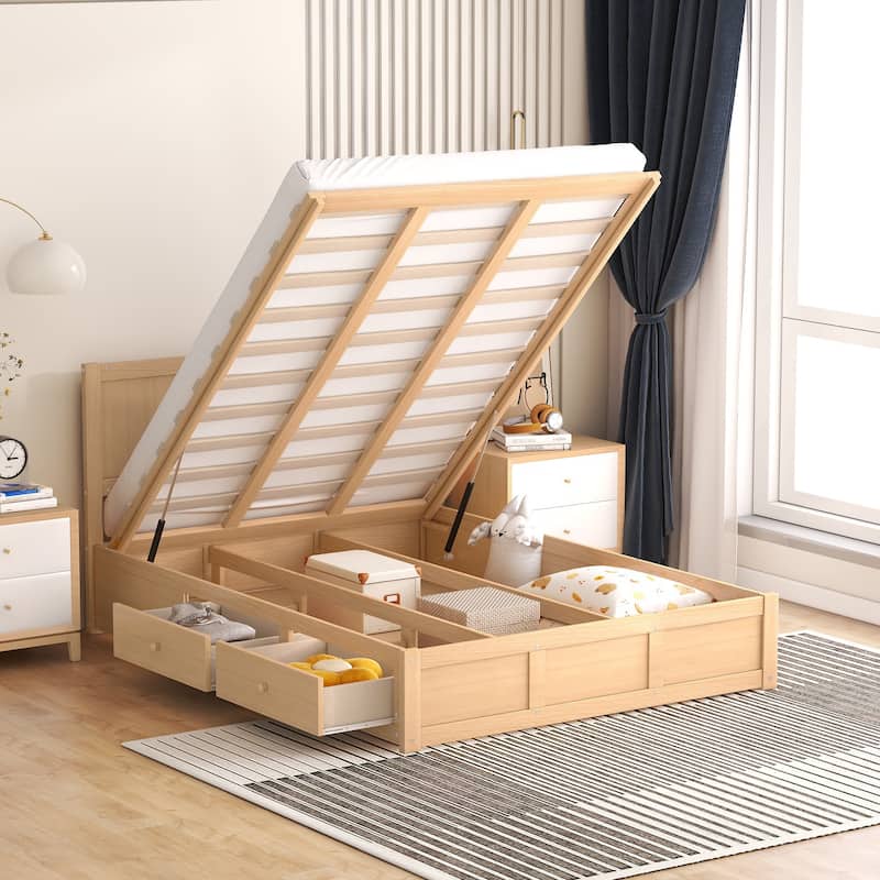 Full Size Wood Platform Bed with Underneath Storage and 2 Drawers Bed