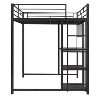 Full Size Loft Bed With Desk And Whiteboard, Metal Loft Bed With 3 Shelves And Ladder, Black