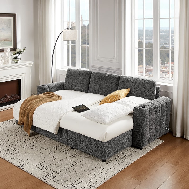 Seraphina 101"W Gray Chenille Fabric Reversible Sleeper Sectional Sofa w/Storage Chaise, Cupholders, USB Port, Throw Pillows