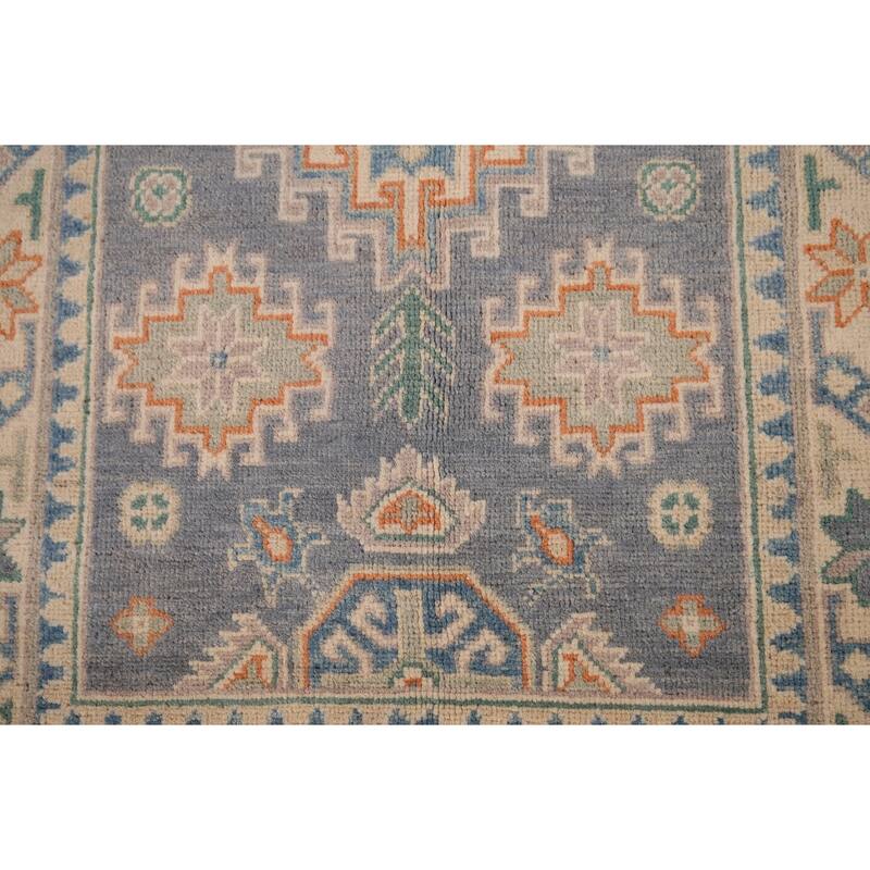 Geometric Kazak Accent Rug Hand-Knotted Grey Wool Carpet - 2'7" x 4'2"