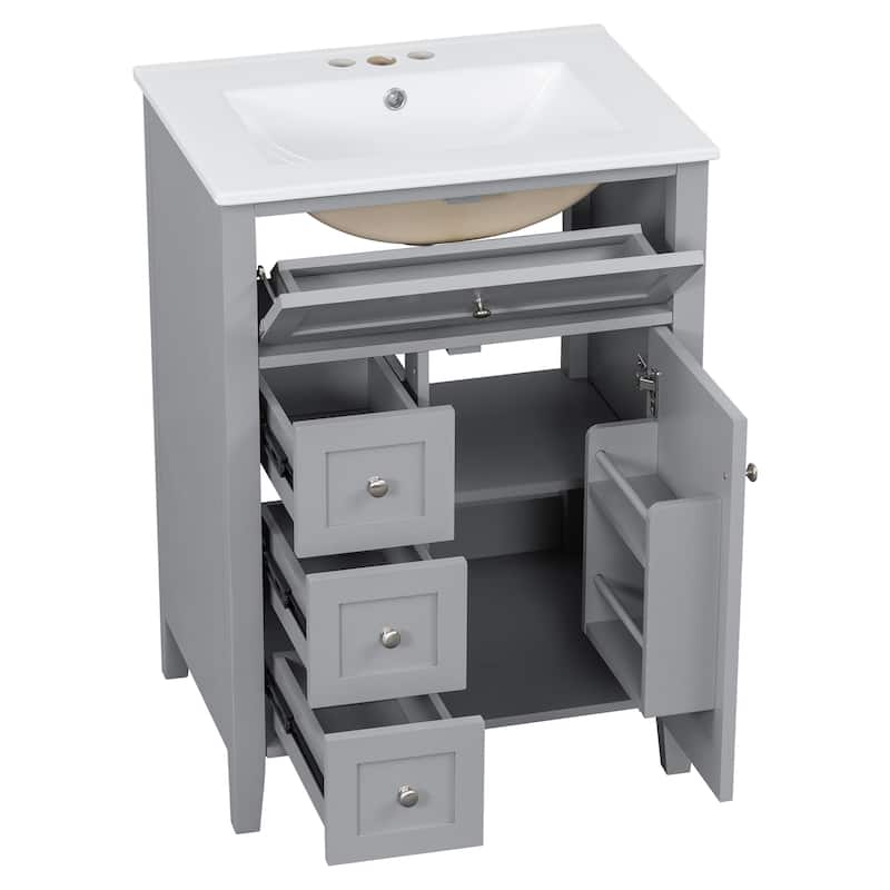 24" Bathroom Vanity with Sink, MDF & Rubberwood Construction, 3 Drawers & Cabinet with Adjustable Shelves