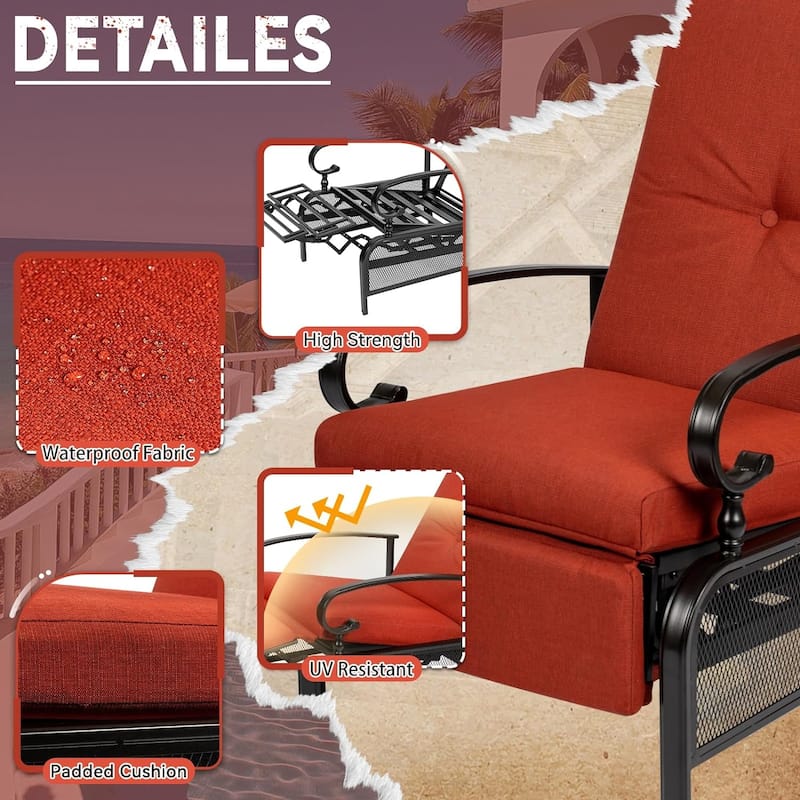 2 Piece Outdoor Metal Patio Adjustable Recliner Lounge Chairs with Retractable Steel Frame and Removable Thick Cushion
