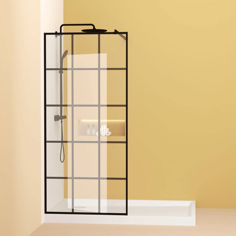 GDFStudio - Emerson Frameless Style Shower Screen with Silk-Printed Tempered Glass and Support Bar - 34" Width x 72"Height