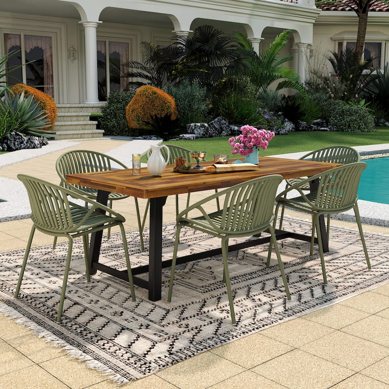 Christopher Knight Home - Emma Outdoor Wood and Resin 7 Piece Dining Set - Green+Black+Teak