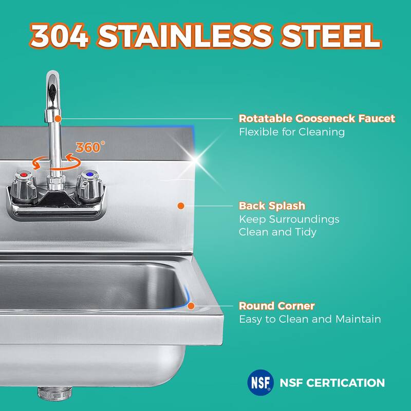 304 Stainless Steel Wall Mounted Hand Sink. NSF Certified.Durable & Easy to Install. Commercial Grade