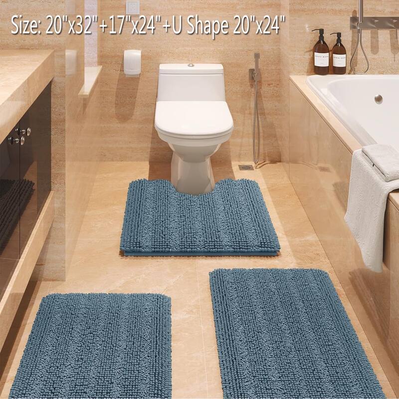 Ultra Soft Striped Non Slip Chenille Bathroom Rug Set 3 Pieces - Haze Blue