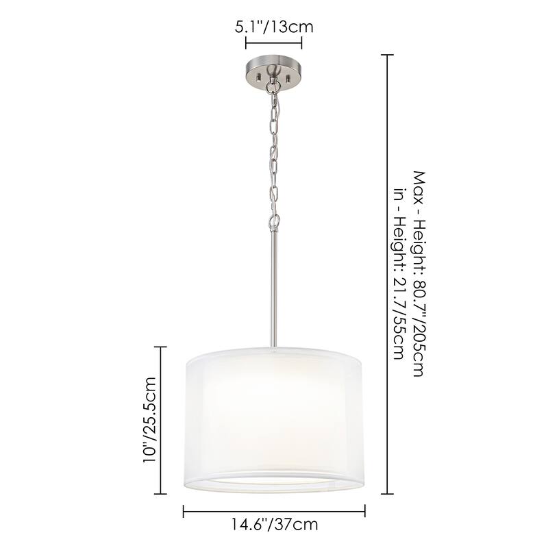 Modern 1-Light Double Fabric LED Pendant Light, 18W Warm 3000K, Satin Nickel/White for Dining Room - 1 Light