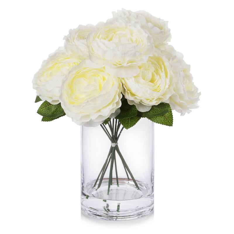 Enova Home Artificial Silk Peony Fake Flowers Arrangement in Glass Vase ...