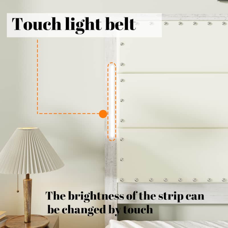 Bed Frame with Charging Station and LED Lights, Wood Slats - Antique White