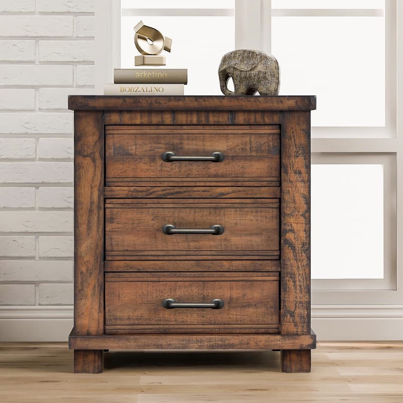 Rustic Three Drawer Reclaimed Solid Wood Framhouse Nightstand,Natural