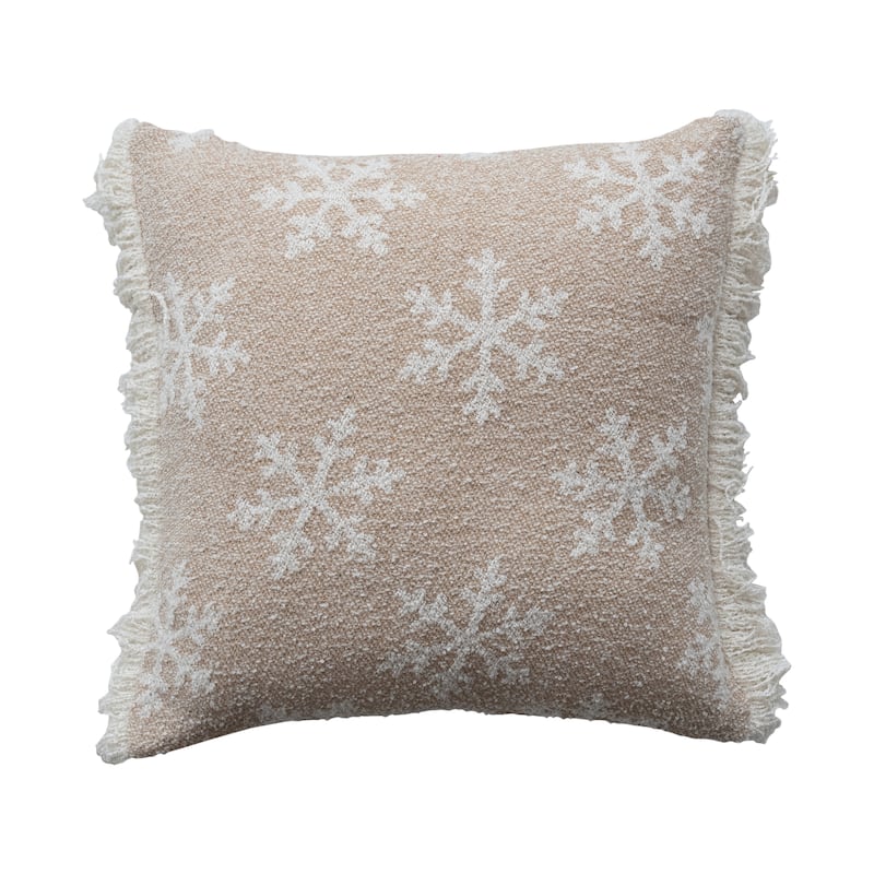 Woven Fabric Jacquard Two-Sided Pillow with Snowflake Pattern and Fringe - Beige;Natural