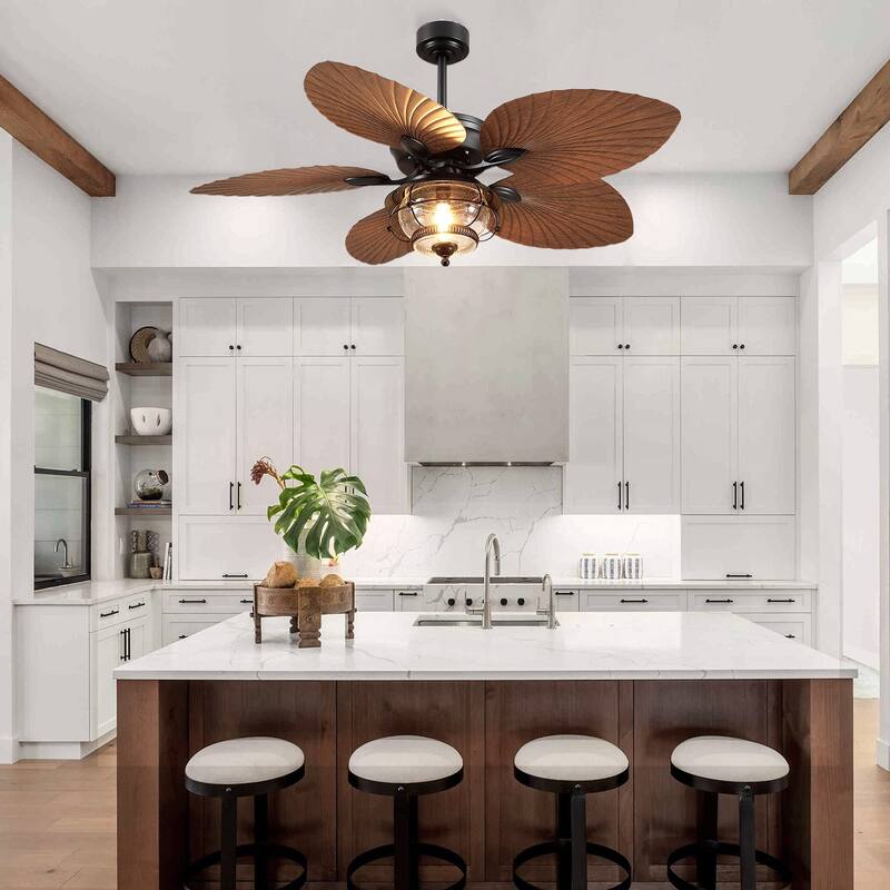 Kviflon 52 Inch Tropical Ceiling Fan with Light Palm Leaf Blades,Wet Rated for Living Room Bedroom Patio Farmhouse - 52 Inches