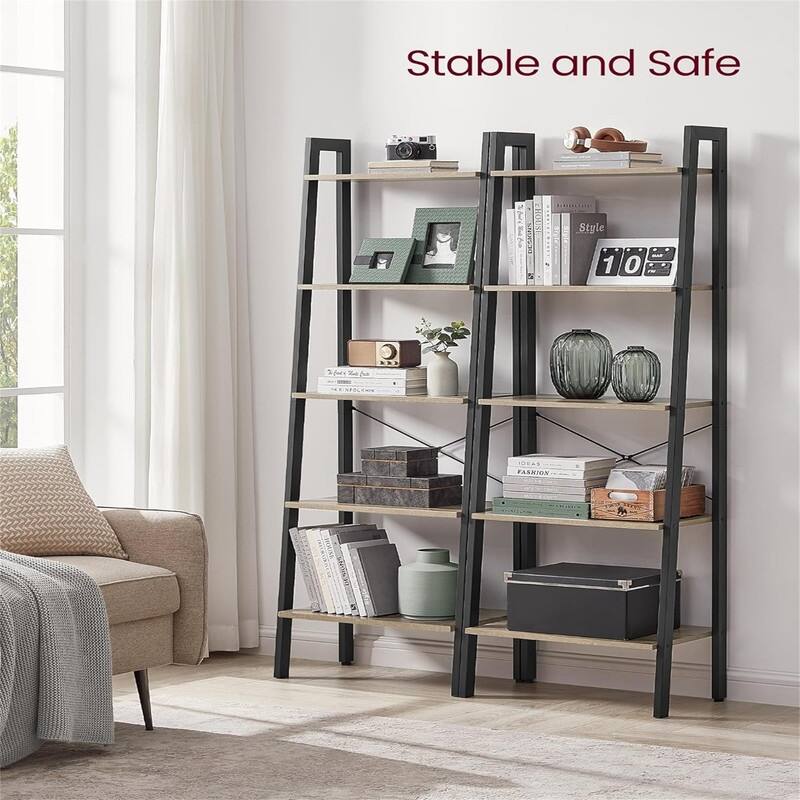 Ladder Shelf 5 Tier Bookshelf Storage Rack Bookcase with Steel Frame - 13.6"D x 22"W x 67.5"H
