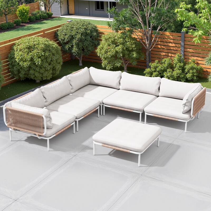 Pellebant Outdoor Sectional Sofa Patio Conversation Seating Set - Set of 6 - Beige - 6PC with 8 Armrest