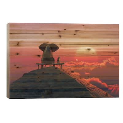Elephant And Dog Sit On A Mountain Top At Sunset Print On Wood by Mike Kiev - Multi-Color