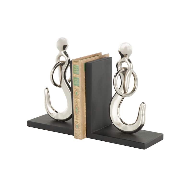 Aluminum Metal Hook Bookends with Black Bases - Set of 2 Silver - Roche River Decor - 4"W x 7"L x 10"H