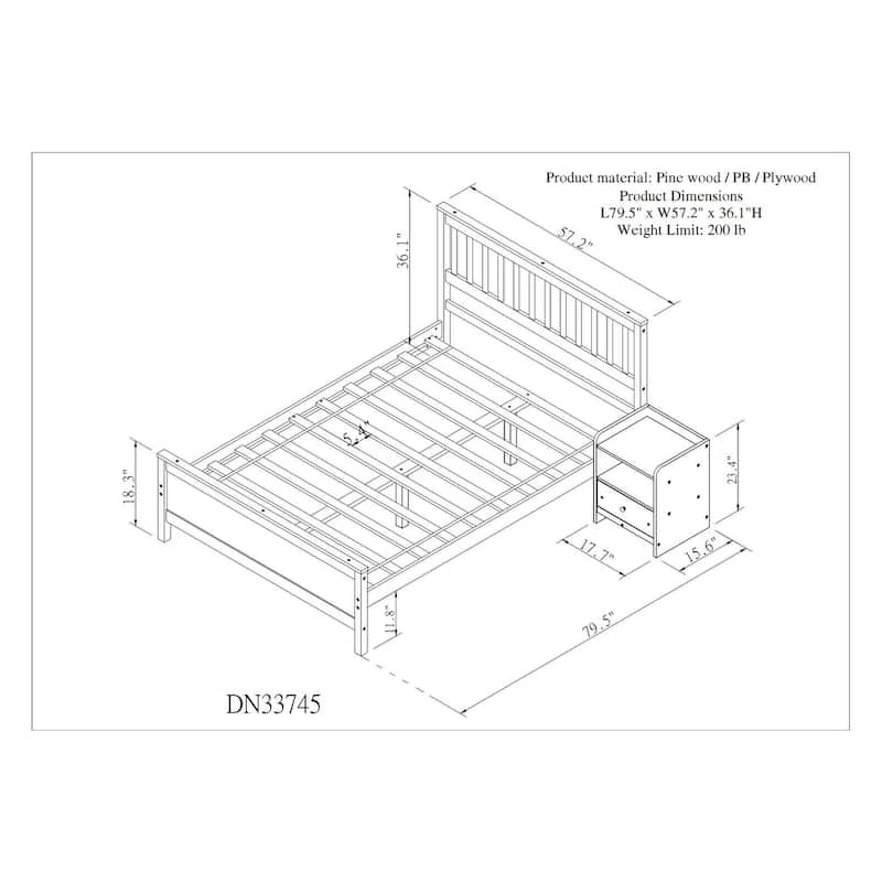 White Pine Wood Full Bed with Slatted Headboard and Footboard - No Box Spring Required, Includes Nightstand