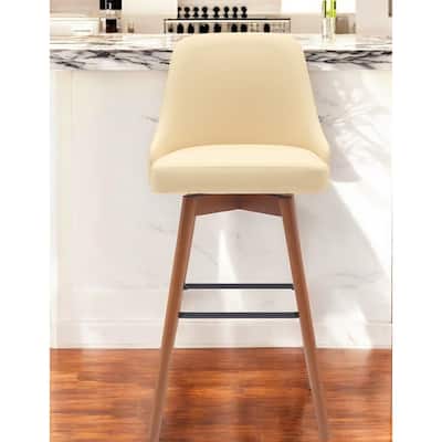 30" Cream and Wood Brown Faux Leather with Solid Wood Swivel Bar Height Bar Chair