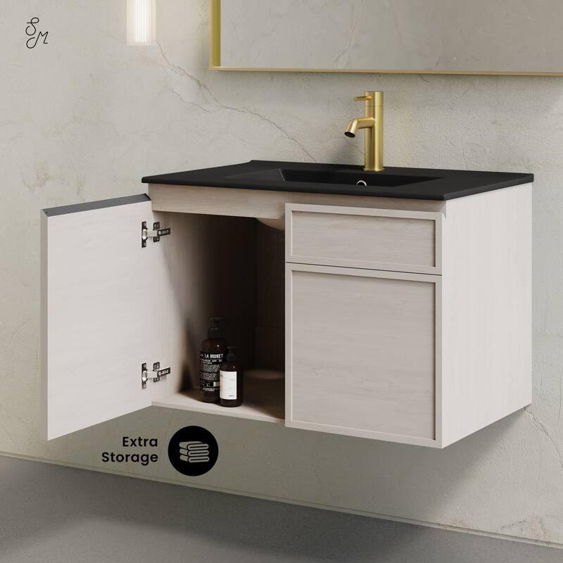 St. Tropez 30" Wall-Mounted Bathroom Vanity In White Oak With Black Sink Top - 30