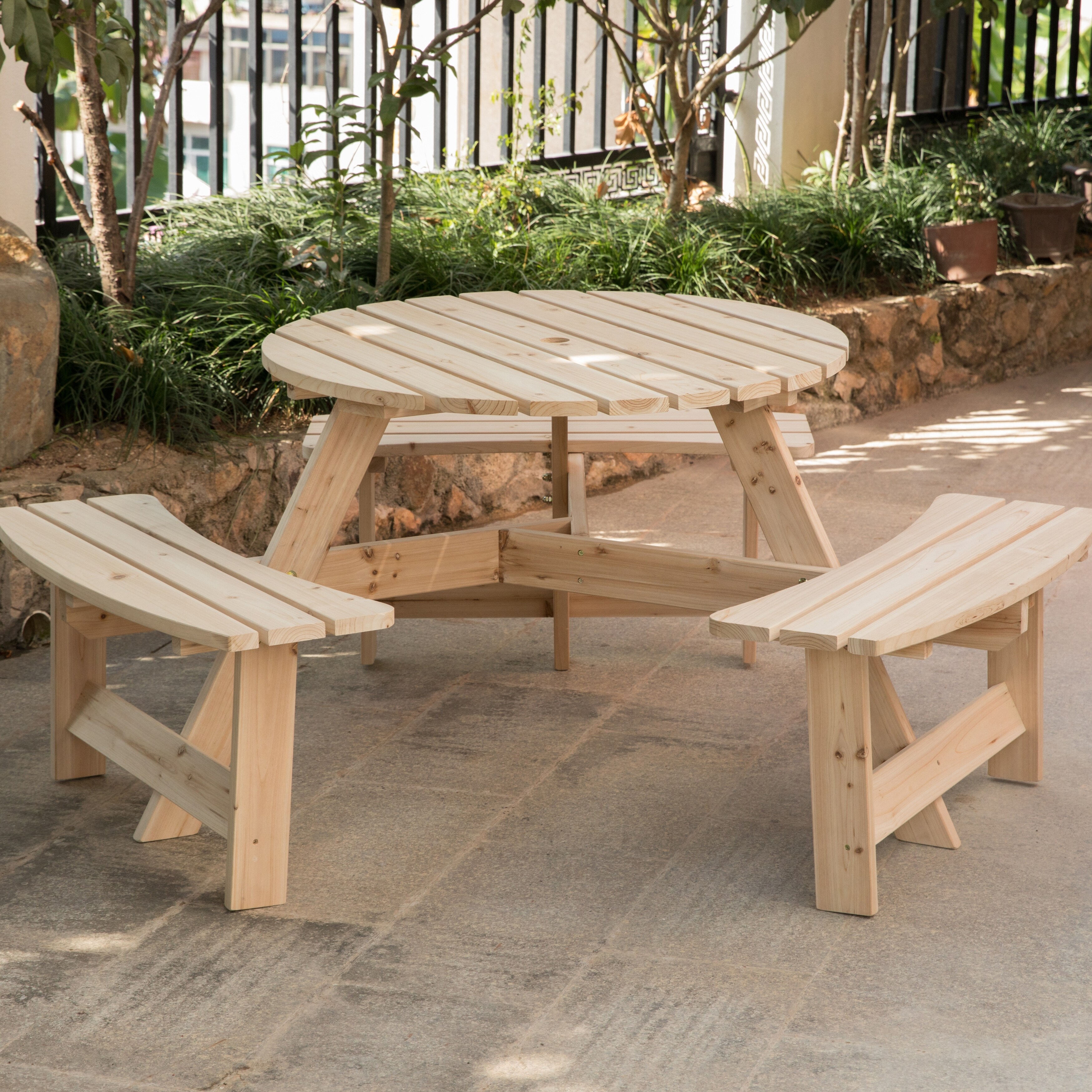 Round wooden picnic best sale table with benches