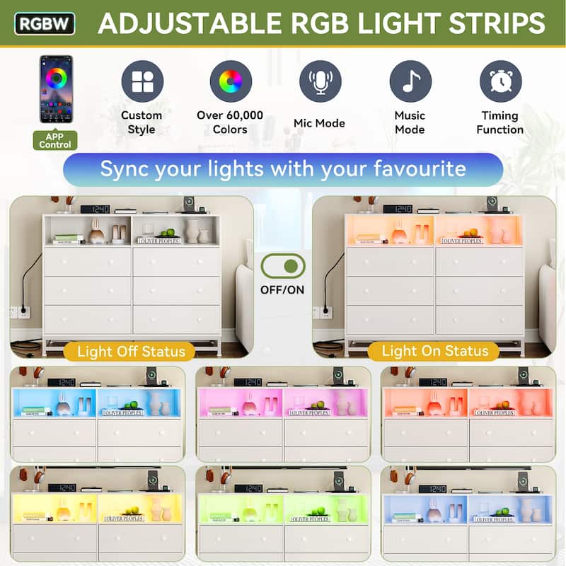 6 Drawer Dresser with LED Lights Modern Large Capacity Storage Cabinet