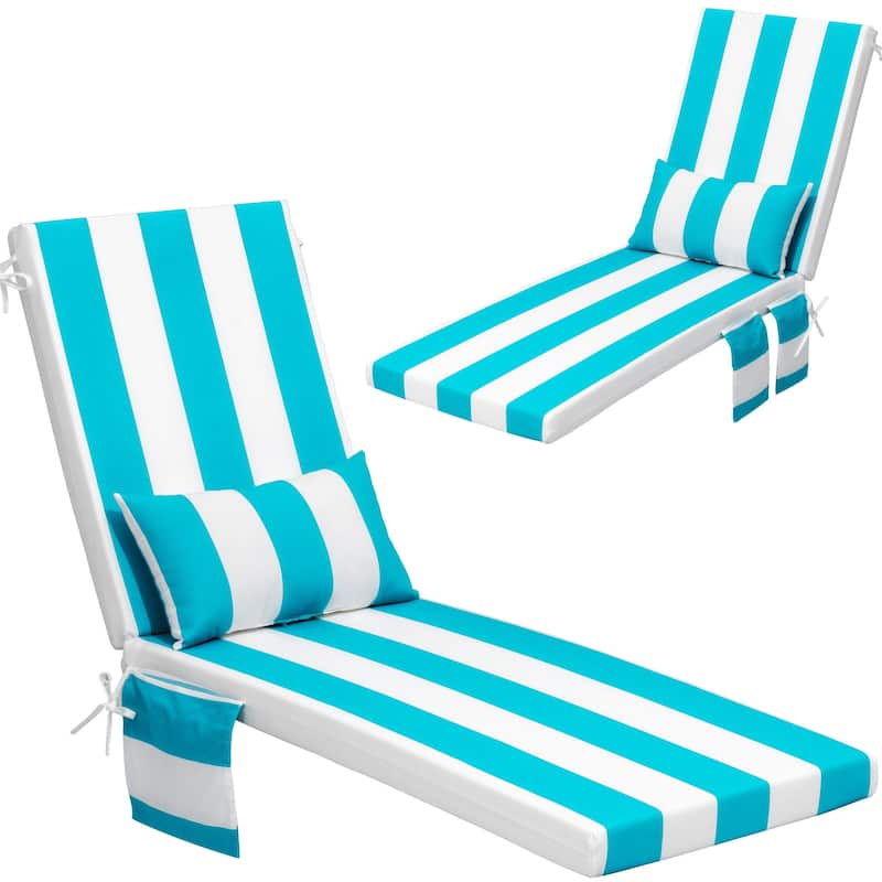 Outdoor Patio Chaise Lounge Chair Seat Cushions with Pillow - Blue&White - 2PC - 80 inches long