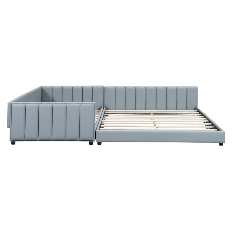 Queen & Twin XL Size Upholstered Platform Bed - PU Leather - Grey