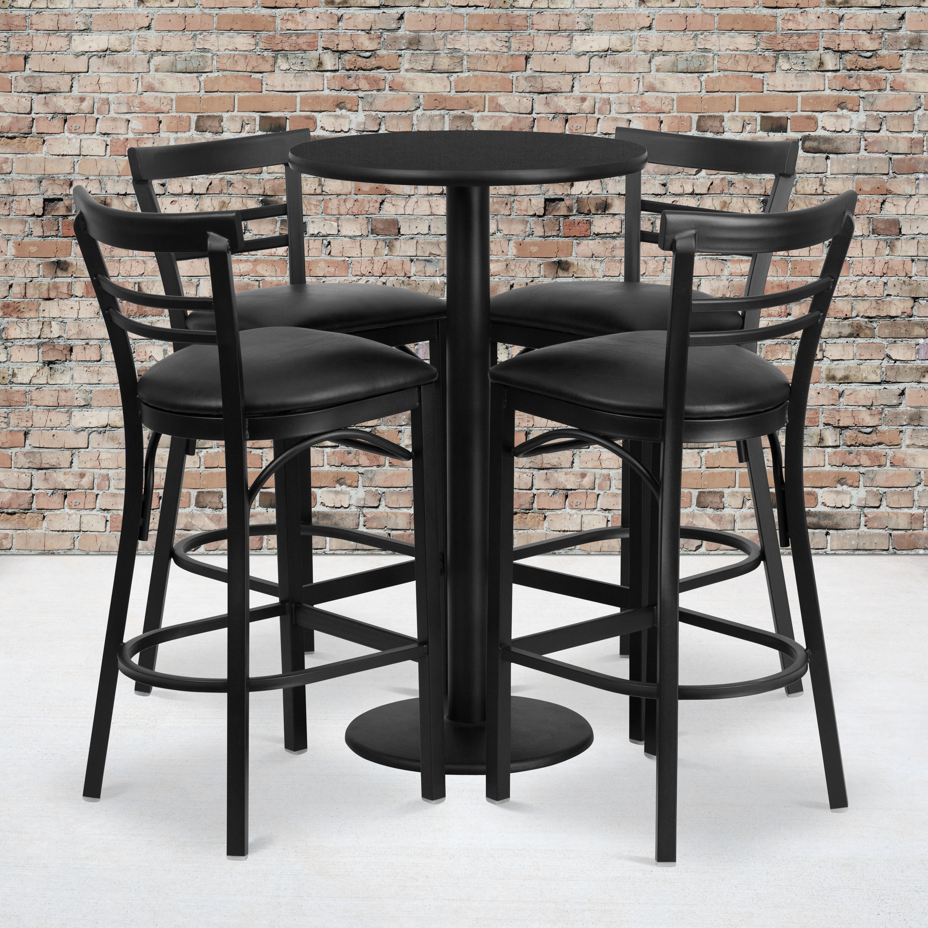 24'' Round Laminate Table Set with Round Base and 4 Ladder Back Metal Barstools