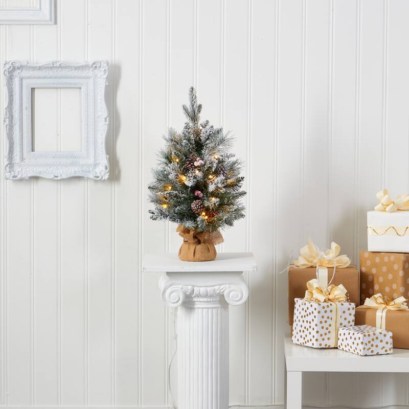 2' Pre-Lit Potted Flocked Artificial Christmas Tree, Clear Lights - 2 Foot